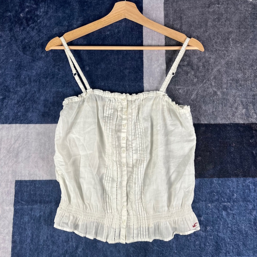 Y2K Hollister Womens White Cotton Plaid Pintuck Smocked Cami Tank Top Medium